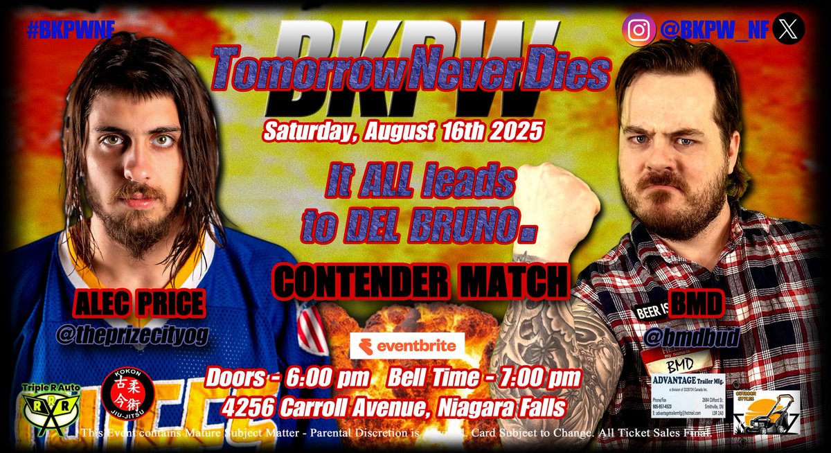 BUSTED KNUCKLE PRO WRESTLING (@bkpw_nf) on Twitter photo For <a href="/ThePrizeCityOG/">The Prize Alec Price</a>, <a href="/thebrycehansen/">Bryce Hansen ブライス・ハンセン</a>, <a href="/TheJordanOIiver/">Jordan Oliver | GO THE DISTANCE!!</a>, Dallas Kyle, <a href="/kobedurst/">'DiamondTiger' Kobe Durst</a> and <a href="/bmdbud/">BMD</a>, it ALL leads to <a href="/delbruno7/">Alessandro Del Bruno</a>. Less than 2 weeks away. Get your tickets to #BKPWNF now!
eventbrite.com/e/bkpw-present… For <a href="/ThePrizeCityOG/">The Prize Alec Price</a>, <a href="/thebrycehansen/">Bryce Hansen ブライス・ハンセン</a>, <a href="/TheJordanOIiver/">Jordan Oliver | GO THE DISTANCE!!</a>, Dallas Kyle, <a href="/kobedurst/">'DiamondTiger' Kobe Durst</a> and <a href="/bmdbud/">BMD</a>, it ALL leads to <a href="/delbruno7/">Alessandro Del Bruno</a>. Less than 2 weeks away. Get your tickets to #BKPWNF now!
eventbrite.com/e/bkpw-present…