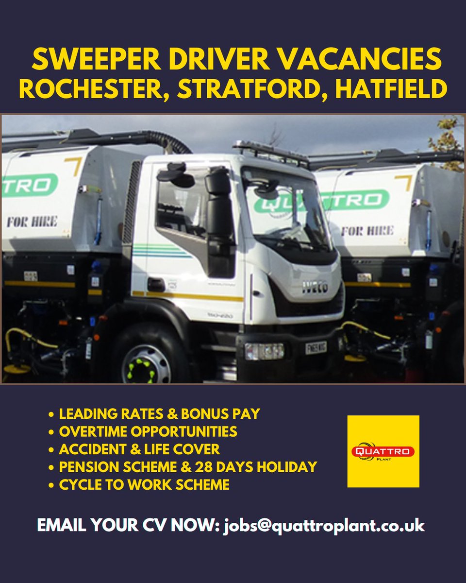 Quattro Plant Hire (@quattro_plant) on Twitter photo π NOW HIRING SWEEPER DRIVERS
π ROCHESTER β’ STRATFORD β’ HATFIELD
πΌ Join the team at Quattro Plant today!
π© Email your CV to jobs@quattroplant.co.uk
#DriverJobs #SweeperDriver #HGVJobs #HiringNow #RochesterJobs #StratfordJobs #HatfieldJobs #QuattroPlant #JoinOurTeam #UKJobs π NOW HIRING SWEEPER DRIVERS
π ROCHESTER β’ STRATFORD β’ HATFIELD
πΌ Join the team at Quattro Plant today!
π© Email your CV to jobs@quattroplant.co.uk
#DriverJobs #SweeperDriver #HGVJobs #HiringNow #RochesterJobs #StratfordJobs #HatfieldJobs #QuattroPlant #JoinOurTeam #UKJobs