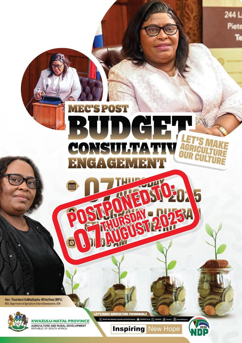 📢 NOTICE OF POSTPONEMENT
�Kindly be advised that the MEC’s Post Budget Consultative Engagement, has been postponed to Thursday, 07 August 2025.

We apologise for any inconvenience caused and look forward to your continued support and participation.