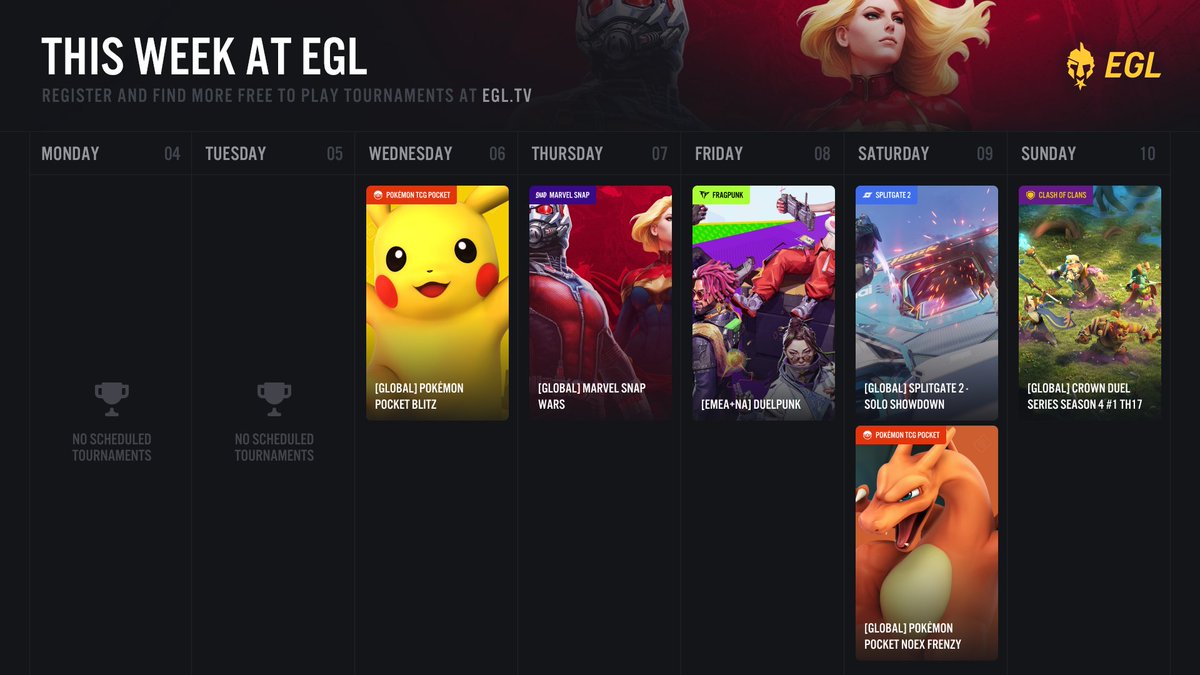 🗓️This week at EGL⚡

Get ready for another round of epic matchups 🔥🎮

Also, new things coming in... so make sure to check all the upcoming tournaments 😉

🗓️ Sign up now: egl.tv/tournaments