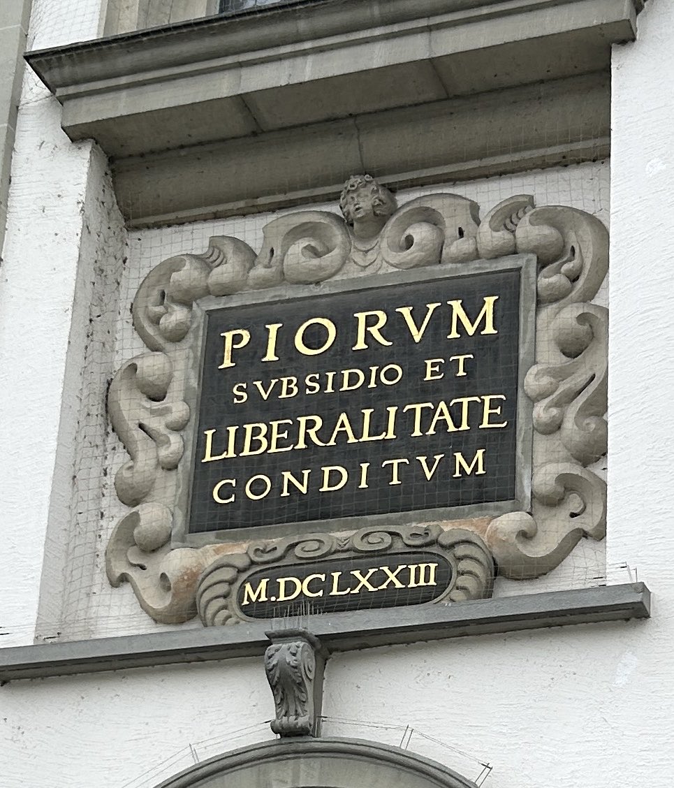 MSK_law's tweet photo. To be both pious and liberal in nature (rough Latin translation) from the Jesuit Church in Lucerne. A quote that encapsulates Vince Lombardi as told by ⁦@maranissdavid⁩. One can hold beliefs and continue to learn, understand and grow. #vincelombardi #jesuit https://t.co/XEzIkNarAm