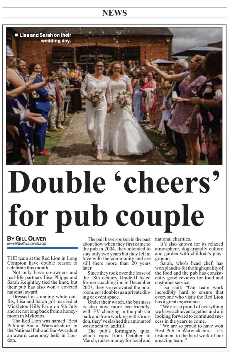 RedLionLongComp's tweet image. Lisa and Sarah made it into Stratford Herald last month, with this article about their wedding and The Red Lion winning Best Pub and Bar in Warwickshire at the #NationalPubAndBarAwards 📷📷.