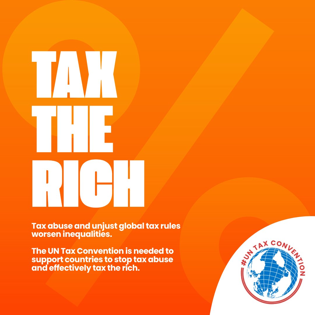 Today countries meet at the UN to begin negotiating the new global tax treaty. Let’s look at why we urgently need a UN Tax Convention ⤵️

A UN Tax Convention must:

🛑Fight illicit financial flows &amp; tax abuse
🤑Create rules to tax the rich &amp; multinationals
💸Fairly reallocate