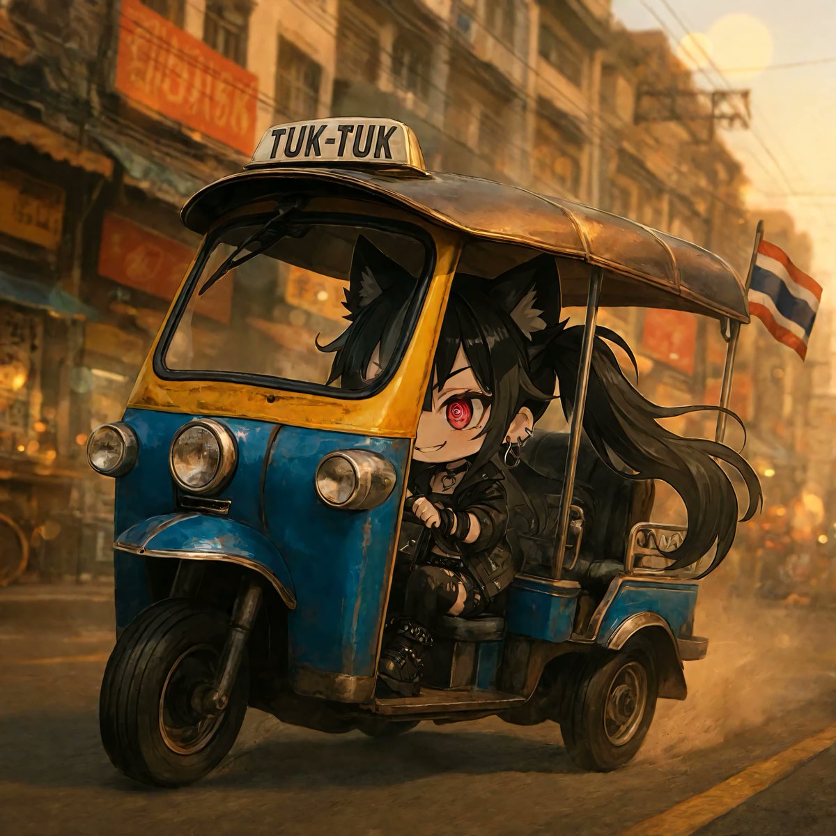 uyciak's tweet photo. Finally got my OC in a tuk-tuk! Now we can blast through the streets of Thailand anytime🇹🇭ไปแล้วนะ💨

#OC #AIart #catgirl #Thailand #うちのこ https://t.co/7bGFGwhulC