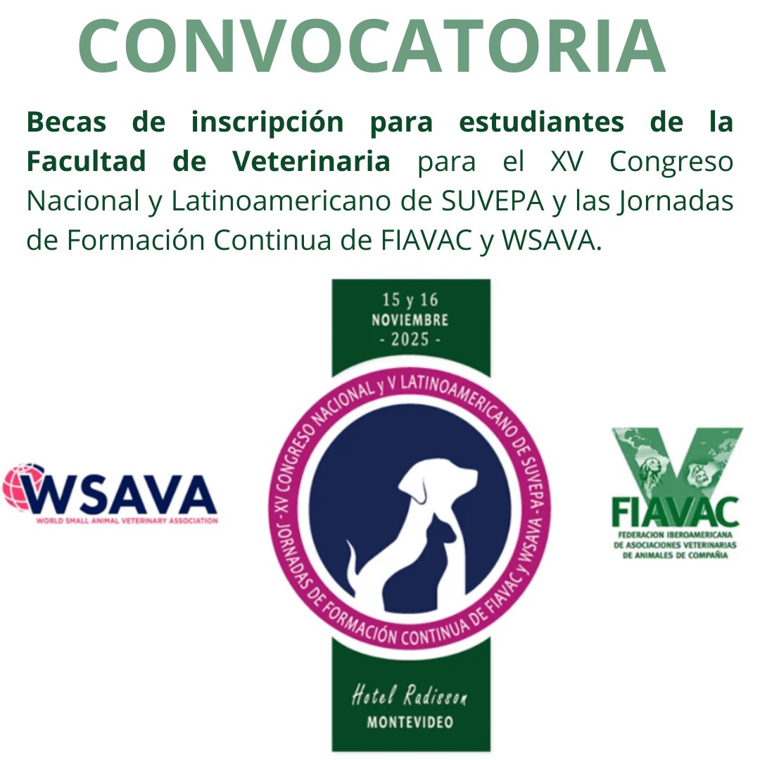 🗣️ ¡ESTUDIANTES!

🐶🐱 Se encuentra disponible la convocatoria a estudiantes interesados/as en participar del XV Congreso Nacional y Latinoamericano de SUVEPA y las Jornadas de Formación Continua de FIAVAC y WSAVA con beca de inscripción.

Más información:
fvet.edu.uy/convocatoria-p…