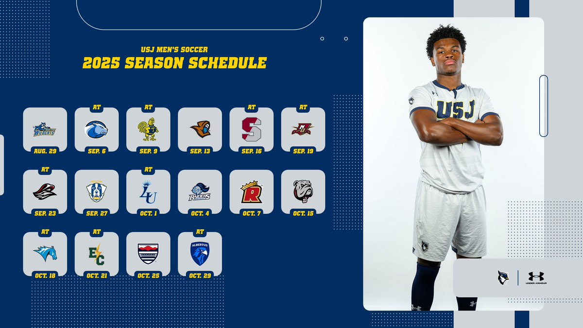 USJ Blue Jays (@usj_bluejays) on Twitter photo 🚨 SCHEDULE DROP 🚨
The USJ men's soccer team has announced its 2025 schedule! The Blue Jays will kick off their campaign at home against SUNY Poly on August 29th!
📖: t.ly/doRk1
#D3soc |#FearTheFlock | #GoBlueJays🔵🐦 🚨 SCHEDULE DROP 🚨
The USJ men's soccer team has announced its 2025 schedule! The Blue Jays will kick off their campaign at home against SUNY Poly on August 29th!
📖: t.ly/doRk1
#D3soc |#FearTheFlock | #GoBlueJays🔵🐦
