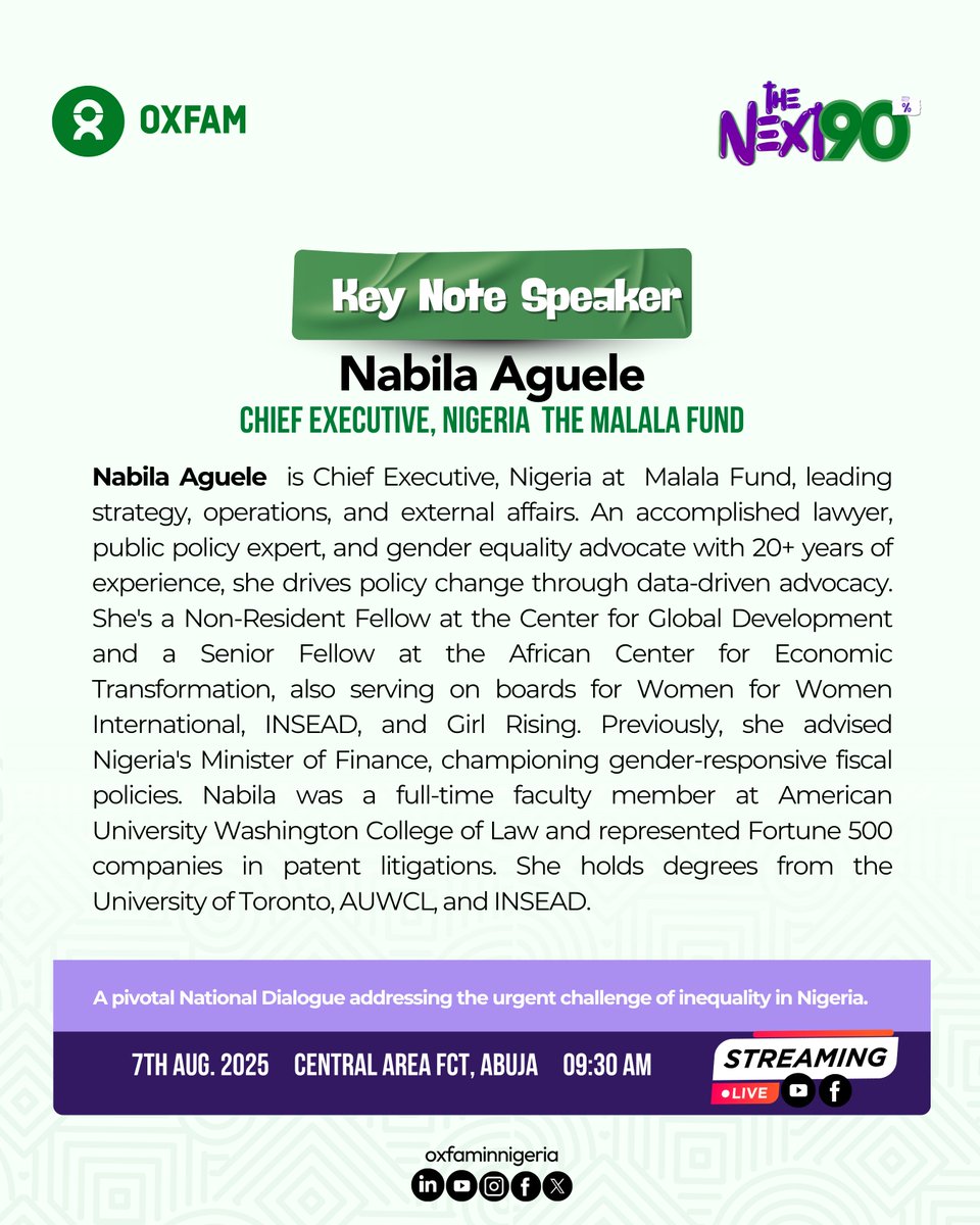 oxfaminnigeria's tweet image. Keynote Speaker Alert! 
We are honored to welcome @NabilaAguele, Chief Executive, Nigeria @MalalaFund, as our keynote speaker for #TheNext90!

🗓️ Aug 7 | ⏰ 10 AM (Hybrid) 

Register: lu.ma/fc9ficjm

#ShapeTheNext90 #PolicyChange #OxfaminNigeria