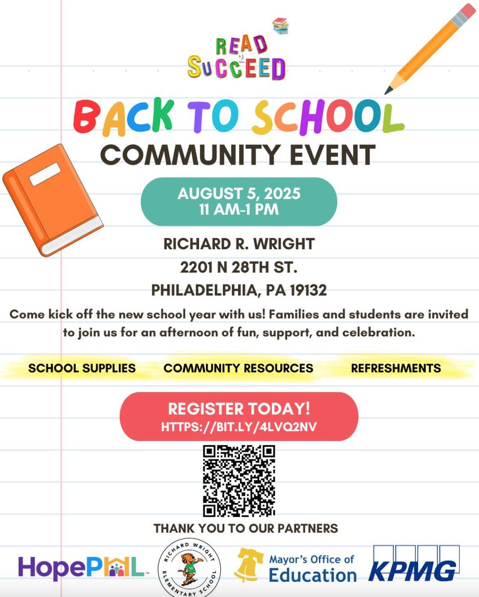 _FastFoundation's tweet image. Join Read 2 Succeed on August 5th from 11AM - 1PM at Richard R. Wright Elementary School as we kick off the new school year with fun, support, and celebration!
📷 School supplies
📷 Community resources
📷 Refreshments
📷 And more!
📷 Register now: bit.ly/4lVQ2NV