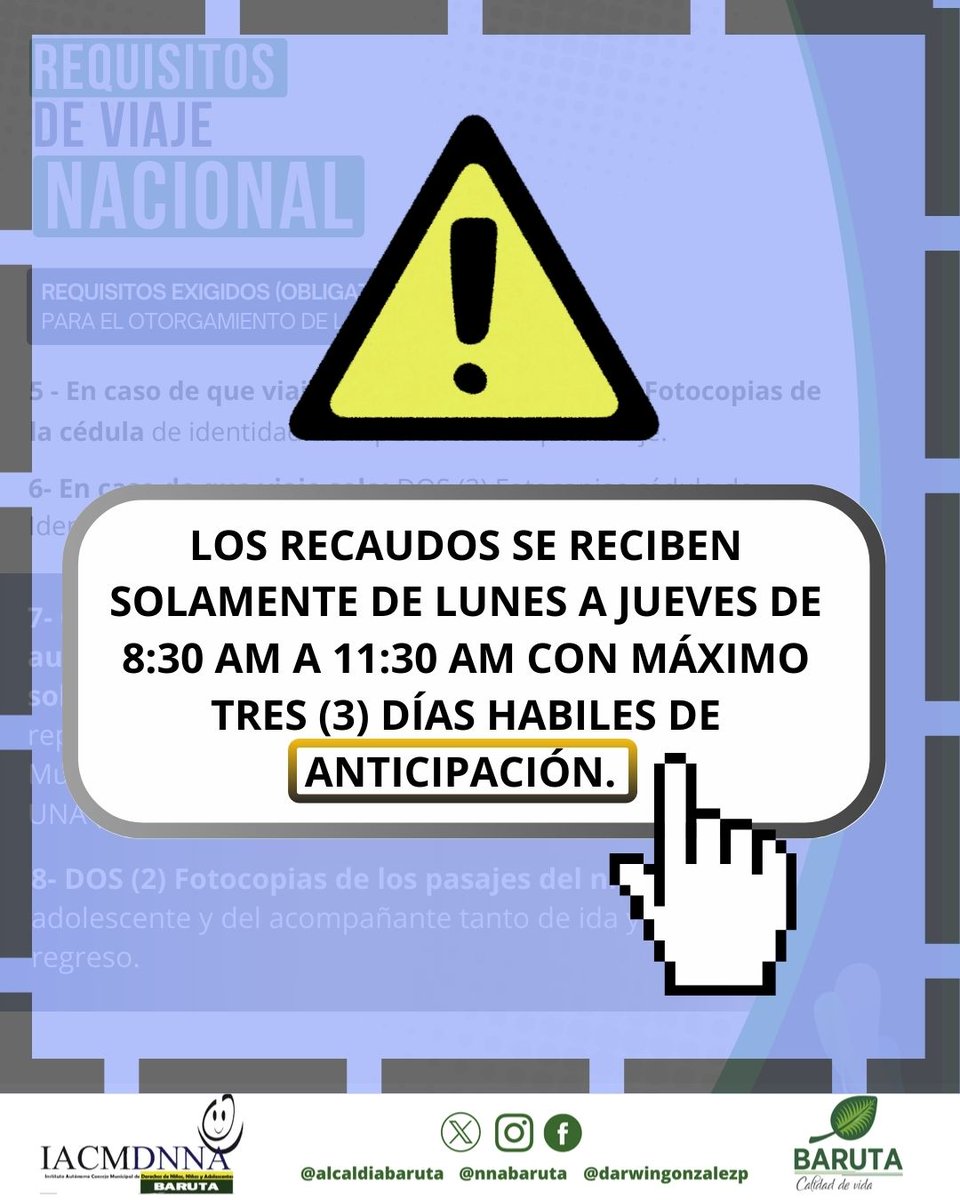 nnabaruta's tweet photo. El Alcalde de Baruta, Darwin González, y el Instituto Autónomo Consejo Municipal de Derechos de Niños, Niñas y Adolescentes.

📄Te recuerdan los requisitos indispensables para Viajes Nacionales de niños, niñas y adolescentes.
#permiso #Viaje #Nacional #Venezuela #niños https://t.co/rPm7Vs9vit