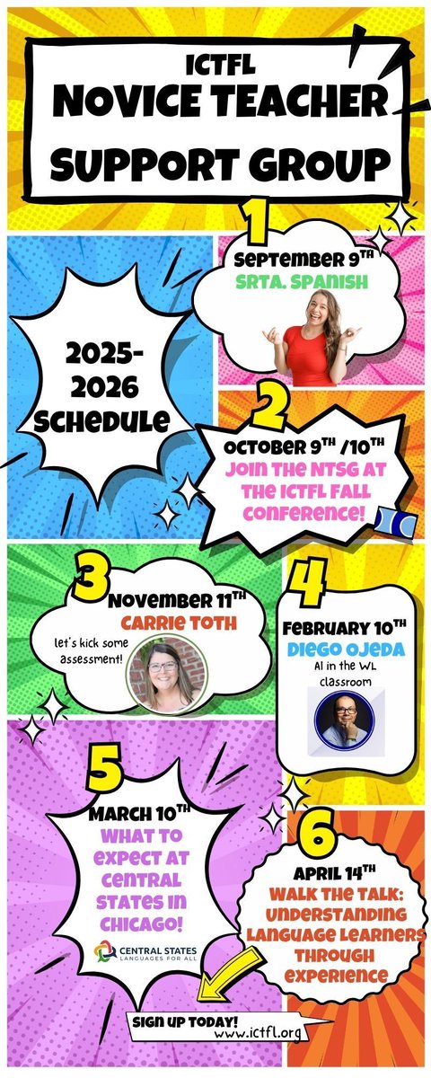 ICTFL’s Novice Teacher Support Group is back with another impressive speaker lineup for the 2025-2026 school year! Join us for another round of insightful sessions on Zoom- all are welcome! Sign up here to join: buff.ly/R9FkqES