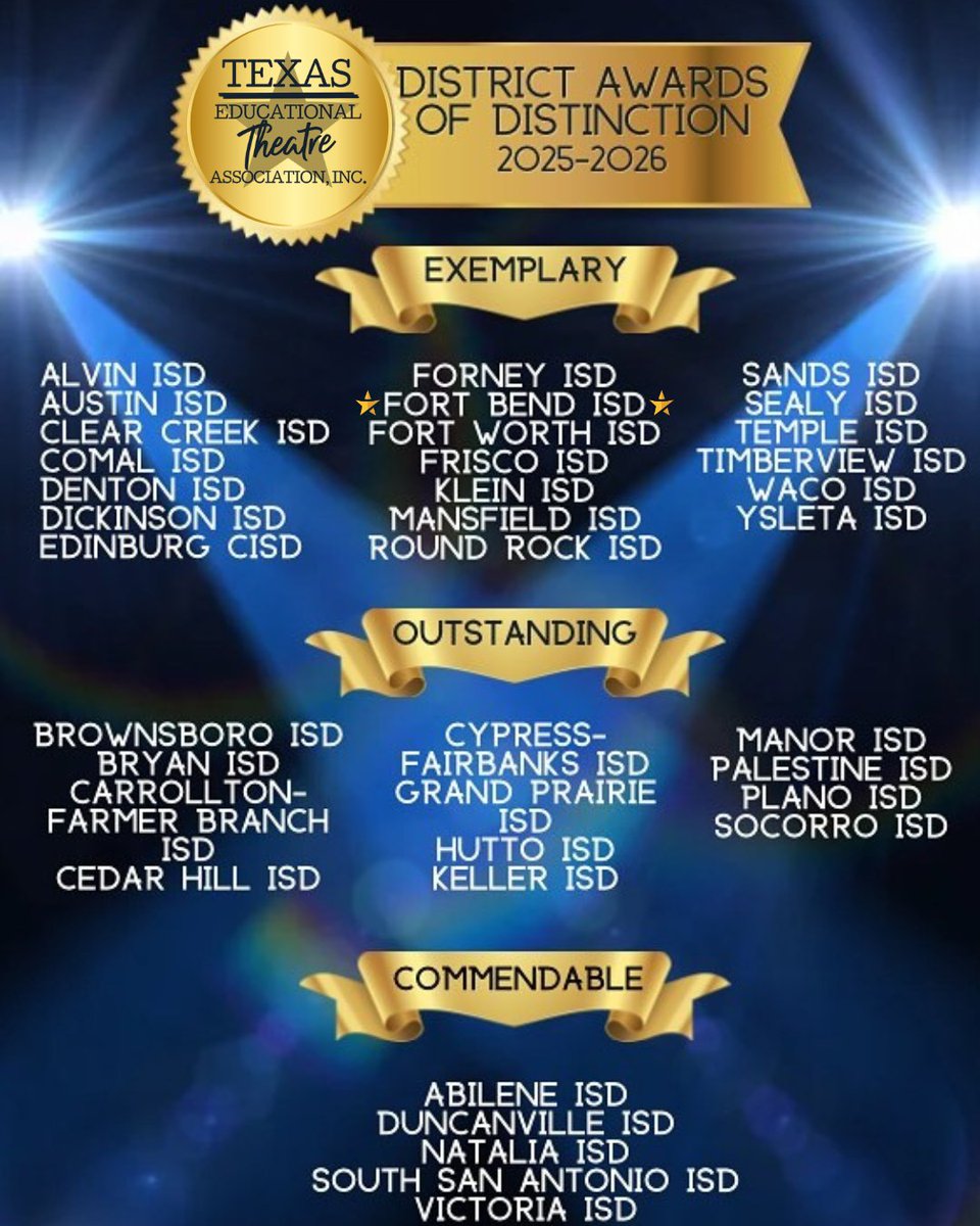 🎭 Fort Bend ISD has earned Exemplary status in the 2025 Texas Educational Theatre Association’s Award of Distinction, the highest recognition given to schools and districts advancing theatre education across the state!

This prestigious honor reflects the strength of our theatre