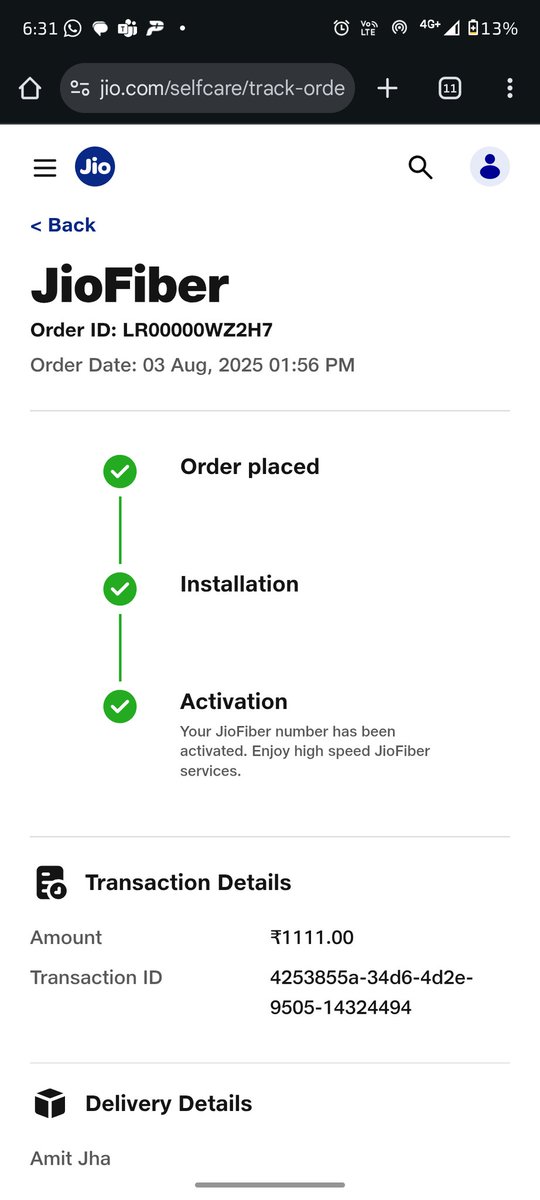 jha_cma's tweet photo. @reliancejio @JioCare i have requested for Jio fiber installation in Bangalore and paid 1111 amount in advance yesterday..today Jio executive came and took 2222 advance money and said he will install in sometime now he is rejecting my calls and service showing complete. https://t.co/mi6R1JUfYu