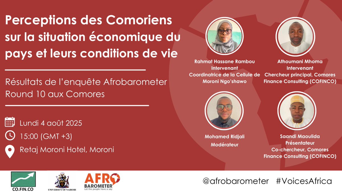 🔴 Nous sommes en direct !
Rejoignez notre partenaire national aux Comores, Comores Finance Consulting via Facebook live où ils discutent des opinions des Comoriens sur les conditions économiques et de vie du pays.

Cliquez ici pour regarder : bit.ly/47eYG5A

#Comores