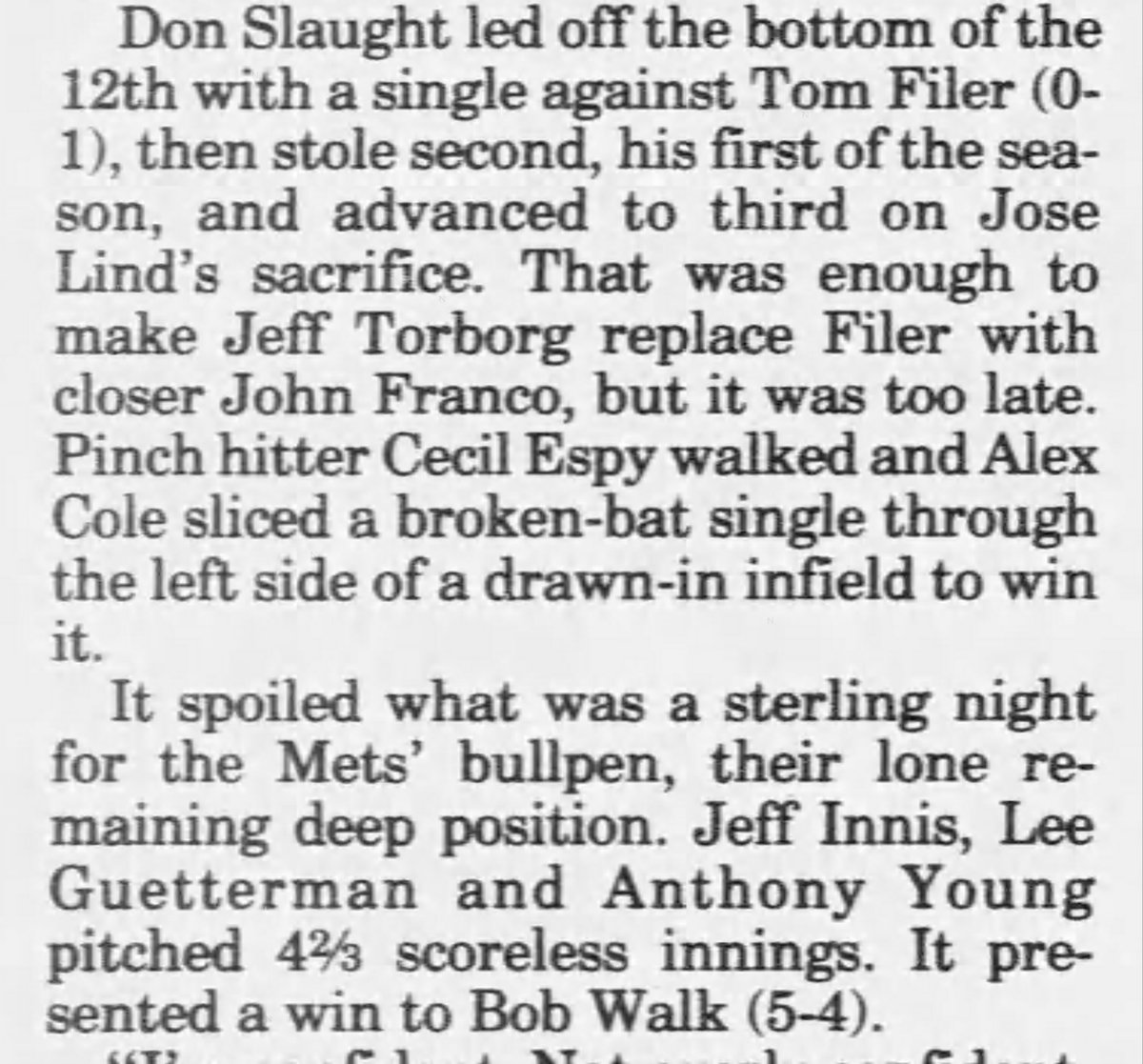 Jimmy T (@jimmytrdinich) on Twitter photo On this date in 1992, Alex Cole delivered a walkoff single in the 12th inning to lift the <a href="/Pirates/">Pittsburgh Pirates</a> to a 3-2 win over the <a href="/Mets/">New York Mets</a>. Don Slaught had 2 RBI and scored the winning run on Cole’s single. Bob Walk pitched 3.0 scoreless innings in relief and picked up his fifth win. On this date in 1992, Alex Cole delivered a walkoff single in the 12th inning to lift the <a href="/Pirates/">Pittsburgh Pirates</a> to a 3-2 win over the <a href="/Mets/">New York Mets</a>. Don Slaught had 2 RBI and scored the winning run on Cole’s single. Bob Walk pitched 3.0 scoreless innings in relief and picked up his fifth win.