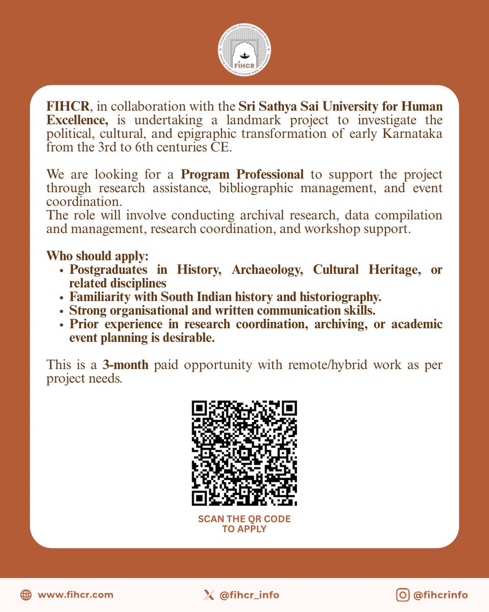 📜 We are hiring! Join FIHCR's landmark project on early Karnataka history as an Program Professional (3-month, paid, remote/hybrid).

Support research, manage data, and coordinate events.

🔗Apply by Aug 10: forms.gle/dcbN916QmF3sTm…

<a href="/vikramsampath/">Dr. Vikram Sampath, FRHistS</a>