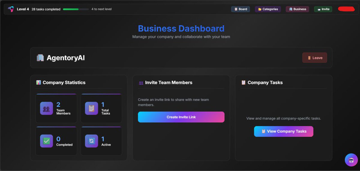 First Look: Agentory AI Tab

Here’s the first version of the Agentory AI Tab - our upcoming DApp that will transform how individuals and projects organize and manage their work. It will be released shortly after launch and will be completely free for everyone to try and start