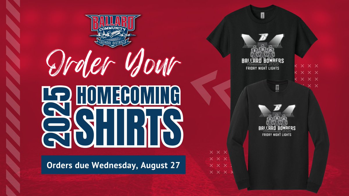 Ballard CSD (@ballardcsd) on Twitter photo Ballard <a href="/NatHonorSociety/">National Honor Society</a> is selling Homecoming 2025 shirts! 🏈
This year’s theme is Friday Night Lights. Show your Bomber pride and order by Wednesday, August 27.
Order here: ballardhomecoming2025.itemorder.com/shop/home/
Homecoming week is September 15-19. Ballard <a href="/NatHonorSociety/">National Honor Society</a> is selling Homecoming 2025 shirts! 🏈
This year’s theme is Friday Night Lights. Show your Bomber pride and order by Wednesday, August 27.
Order here: ballardhomecoming2025.itemorder.com/shop/home/
Homecoming week is September 15-19.
