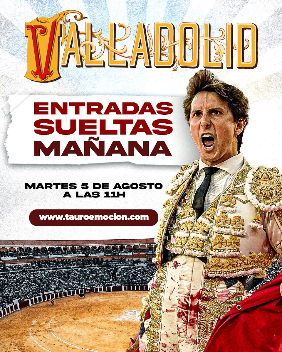 Plaza de Toros Valladolid (@torosvalladolid) on Twitter photo ðšðšÂ¡ðð¡ð§ð¥ððððŠ ðŠðšððð§ððŠ ð ðð ð©ðð¡ð§ð!
Desde mañana se pueden comprar las ðð¡ð§ð¥ððððŠ ðŠðšððð§ððŠ para los festejos de la feria de la Virgen de San Lorenzo 2025.
â ïž Desde las 11h en las taquillas de la plaza de toros y tauroemocion.es ðšðšÂ¡ðð¡ð§ð¥ððððŠ ðŠðšððð§ððŠ ð ðð ð©ðð¡ð§ð!
Desde mañana se pueden comprar las ðð¡ð§ð¥ððððŠ ðŠðšððð§ððŠ para los festejos de la feria de la Virgen de San Lorenzo 2025.
â ïž Desde las 11h en las taquillas de la plaza de toros y tauroemocion.es