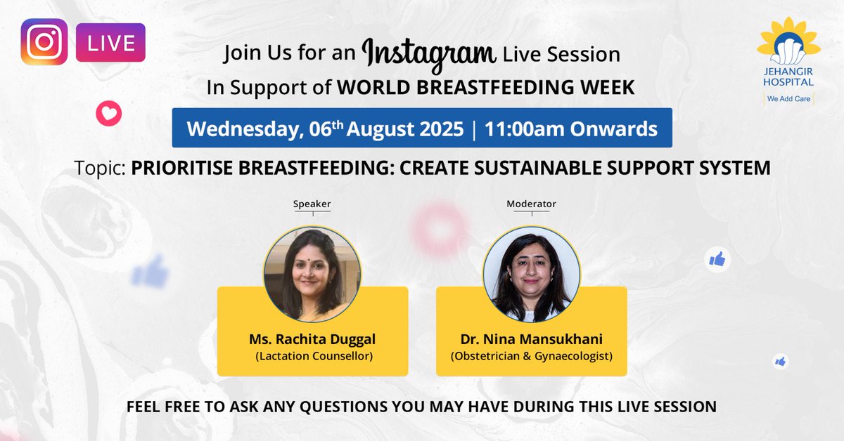 JehangirCare's tweet image. Join us LIVE on Instagram this Wednesday, August 6th, at 11:00 AM to explore the power of sustainable support systems for mothers.
Topic - Prioritise Breastfeeding: Create a Sustainable Support System
We&apos;re here to answer all your questions!
#breastfeedingweek #supportformoms