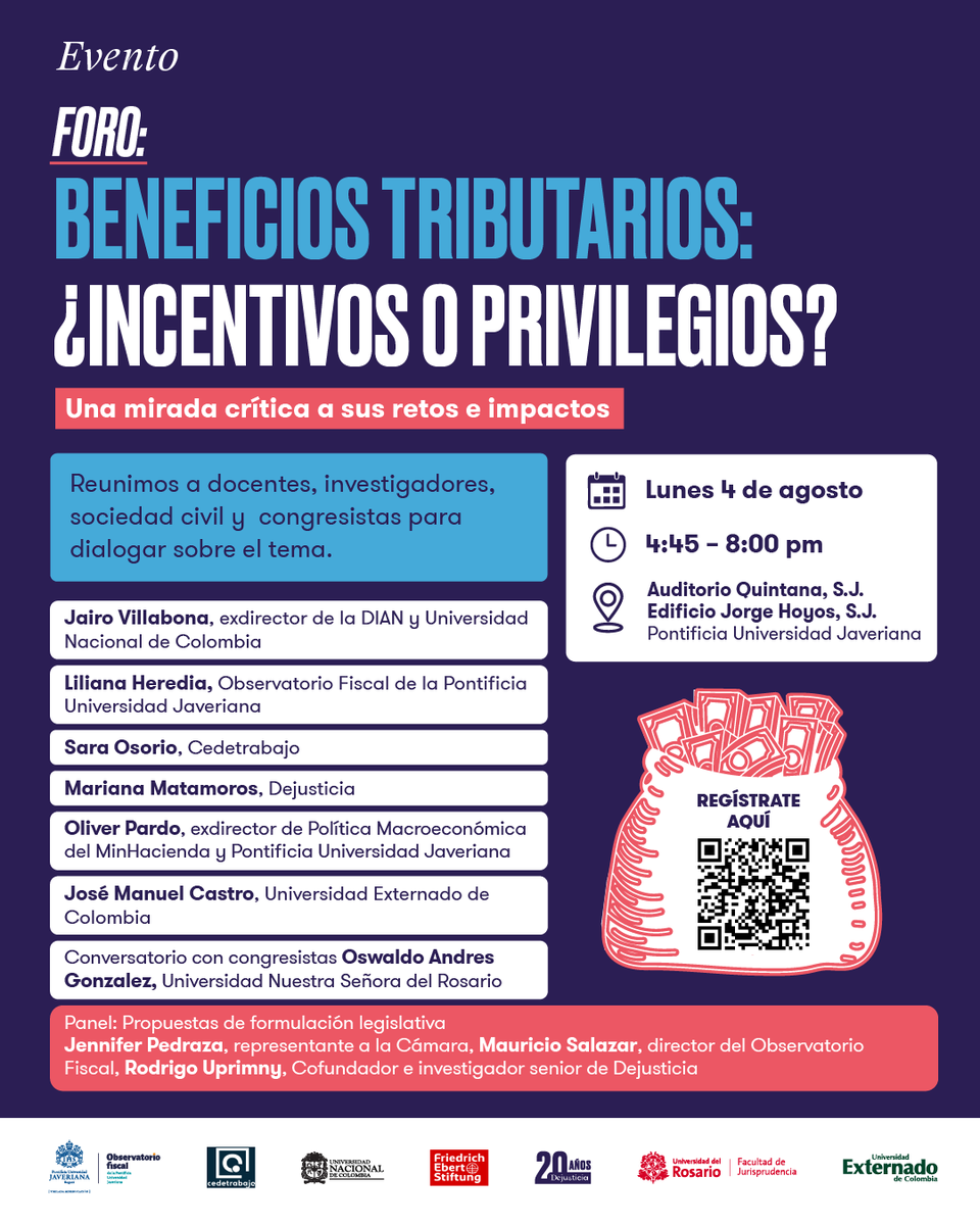 #Recuerda📍 Hoy a las 5:00 p.m. en la <a href="/UniJaveriana/">Pontificia Universidad Javeriana</a> nos vemos en el foro: Beneficios tributarios: ¿incentivos o privilegios?
Conversaremos con expertos y congresistas sobre el impacto de las exenciones en las finanzas públicas.

Regístrate aquí👉  forms.office.com/r/SdxGggEazu
