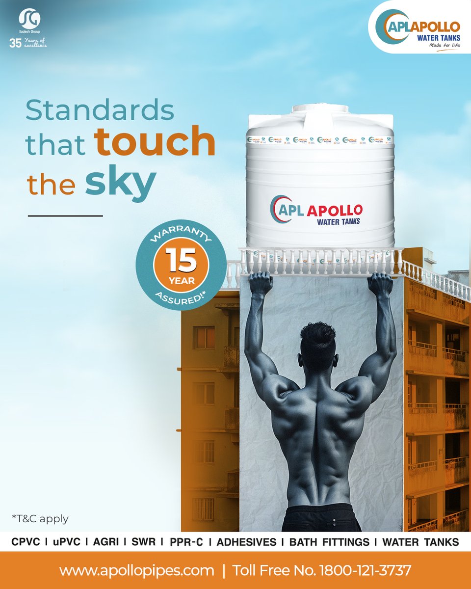 Power up your water tank with the APL Apollo range! Available in 3, 4 and 5 layers, each one is designed to last💪🏼

For more information on APL Apollo Water Tank, visit apollopipes.com/water-tanks

#APLApollo #ApolloPipes #NeverCracksUnderPressure #HarPressureSeBeasar #WaterTank
