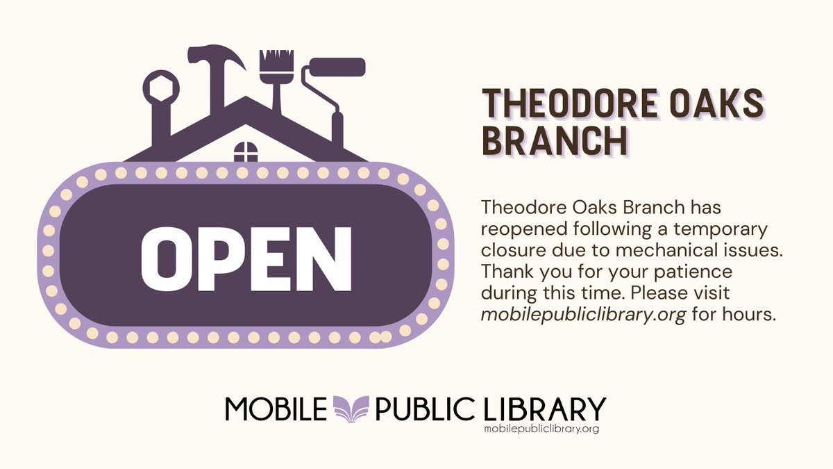 Update: Theodore Oaks Branch has reopened following a temporary closure due to mechanical issues. Thank you for your patience during this time.
📷 Hours: mobilepubliclibrary.org/locations-hour…