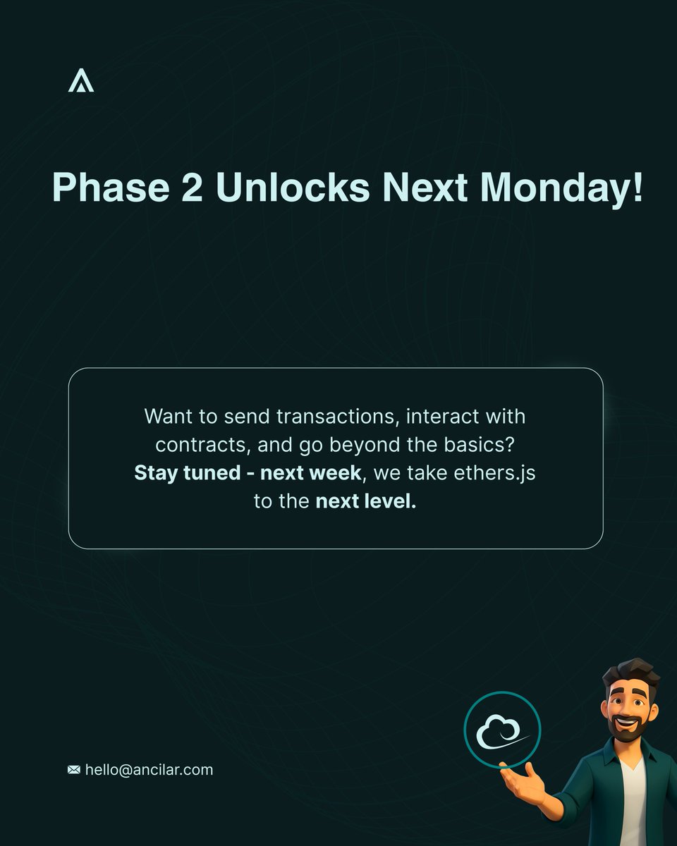 ancilartech's tweet image. Ethers.js 101 💡
Connect wallets, read data, and prep for smart contract magic.
Next week, we go deeper. Stay tuned.
#Ethersjs #Web3Dev #LearnWithAncilar #EthereumTools