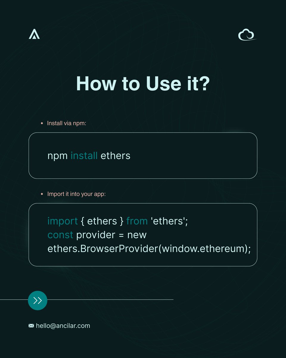 ancilartech's tweet image. Ethers.js 101 💡
Connect wallets, read data, and prep for smart contract magic.
Next week, we go deeper. Stay tuned.
#Ethersjs #Web3Dev #LearnWithAncilar #EthereumTools
