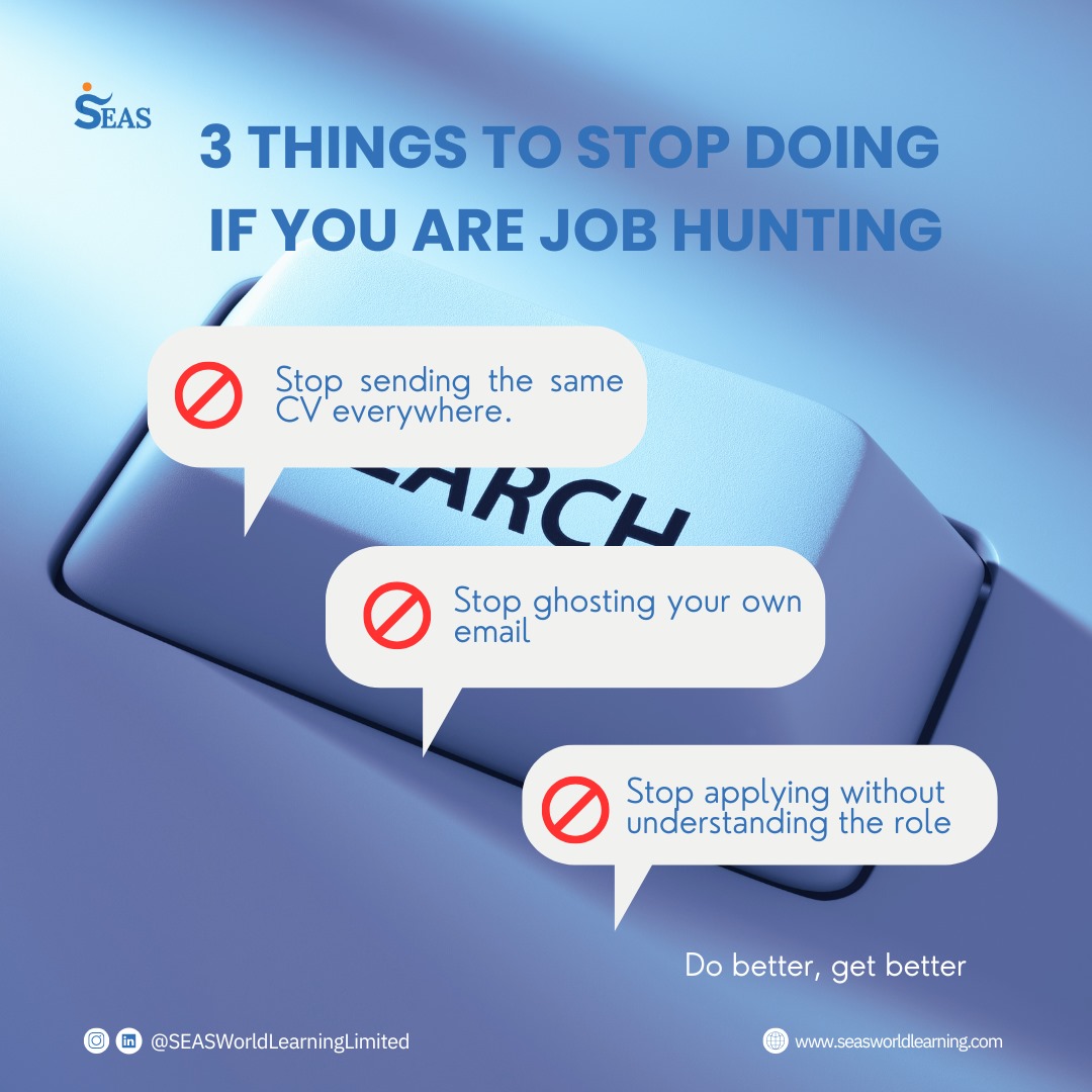 Seasworld_Ltd's tweet image. Still job hunting with no luck? These 3 mistakes might be the reason: 👇🏽
1. Same CV for every role 
2. Ignoring your emails 
3. Applying blindly without proofing 
#JobSearchTips #CareerTalk #SEASWorldLearning #MondayMotivation