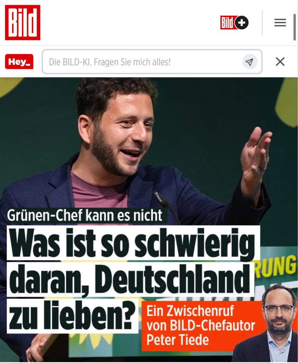 Das frage ich mich bei euch jeden verdammten Tag, <a href="/BILD/">BILD</a> 
Eure Hetze vergiftet das Land.
Und die Grünen haben wieder eine Nonsense Debatte am Hals.
Nur so, liebe <a href="/BILD/">BILD</a>, Erneuerbare Energien bedeuten Freiheit. Also warum, hasst ihr unser Land?
#PatriotenEnergie