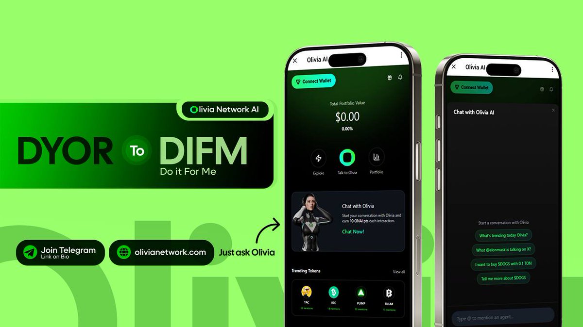 Olivia Network AI (@olivia_network) on Twitter photo It’s time to change the narrative!
Gone are those days where enthusiasts and traders have to spend hours just to get proper information, analysis and guidance.
We bring you the future,
We bring you the Olivia AI.
Previously it was DYOR,
Now we set the pace with DIFM.
All you It’s time to change the narrative!
Gone are those days where enthusiasts and traders have to spend hours just to get proper information, analysis and guidance.
We bring you the future,
We bring you the Olivia AI.
Previously it was DYOR,
Now we set the pace with DIFM.
All you