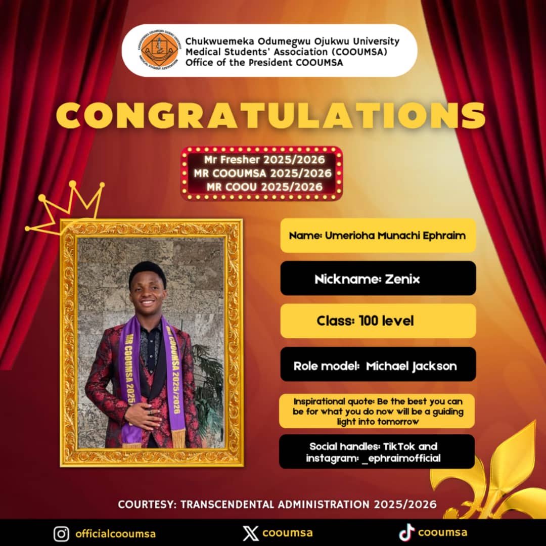 cooumsa's tweet photo. Hearty Congratulations to Our Esteemed Mr. COOUMSA - Maestro of the Stage!🙌👑

We  extend our heartfelt congratulations to our esteemed Mr. COOUMSA, Ephraim M. Umerioha, who emerged victorious as Mr. COOU and Mr. Fresher. Congratulations once again. https://t.co/0EqqGBc3z0