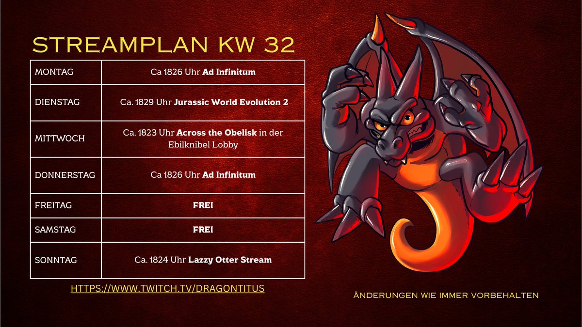 Oo de lally Ladys and GentleSir´s, So alt wie neu kommt für euch heute der neue und Aktuelle Streamplan KW 32 zu euch. 
Schaut gerne vorbei, lurken ist natürlich auch immer gern gesehen. 
Bis dann

🐉Stream &amp; News auch im DC: 
twitch.tv/dragontitus 

#twitch #stream