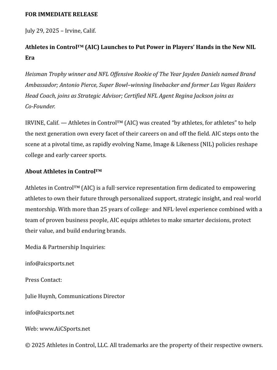 #Commanders QB Jayden Daniels named Brand Ambassador to a new agency, Athletes in Control (AIC), which helps brand the next generation of HS &amp; college stars in an NIL world.

Regina Jackson, his mother &amp; a certified  agent, is a co-founder. Antonio Pierce is a Strategic Advisor.