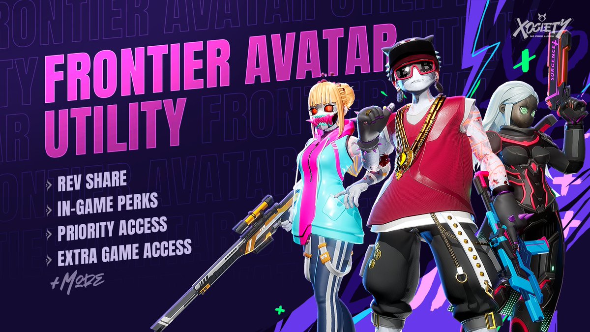 Want to level up in XOCIETY? Start with a Frontier Avatar.

You get:

→ Boosted rewards in matches and battle pass
→ Better odds for desirable skills and more reroll attempts
→ Exclusive access to events, lounge, emotes, and titles

Still not convinced? More details 👇🏻
