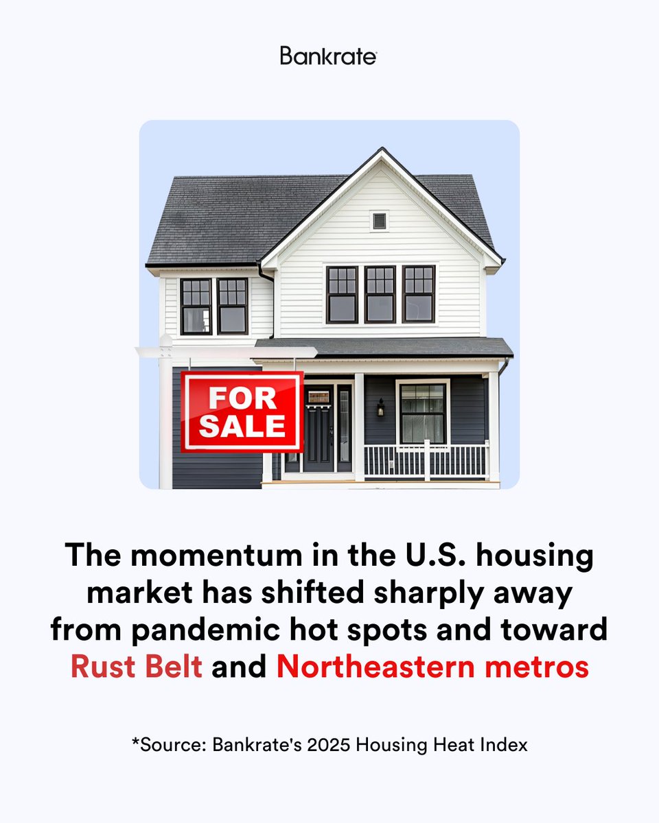 Bankrate's tweet image. A once hot pandemic-era housing market has cooled off since 2023, shifting away from the Sun Belt favorably towards the Rust Belt and Northeastern metros. Bankrate’s 2025 Housing Heat Index ranks the top 212 metro areas: bankrate.com/real-estate/ho…