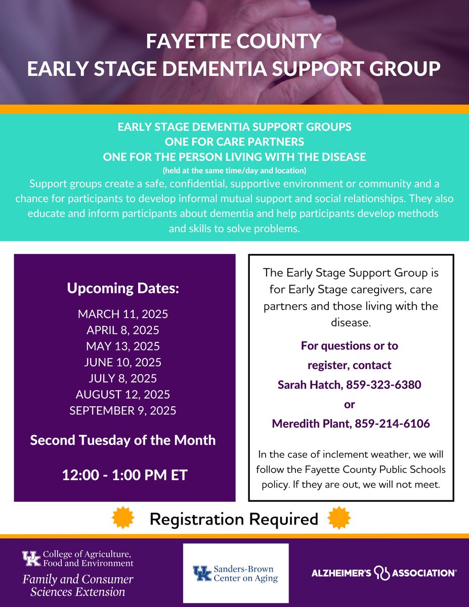 UK Sanders-Brown Center on Aging (@uksbcoa) on Twitter photo Are you in the early stages of dementia and need support? Join us!
<a href="/LexKySocialServ/">LexKy Social Services</a> <a href="/AlzKYIN/">AlzKYIN</a> <a href="/AgeFriendlyLex/">AgeFriendlyLexington</a> <a href="/BGAAAIL/">Bluegrass AAAIL</a> Are you in the early stages of dementia and need support? Join us!
<a href="/LexKySocialServ/">LexKy Social Services</a> <a href="/AlzKYIN/">AlzKYIN</a> <a href="/AgeFriendlyLex/">AgeFriendlyLexington</a> <a href="/BGAAAIL/">Bluegrass AAAIL</a>