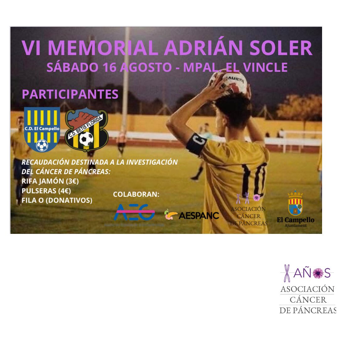 VI Memorial Adrián Soler
📍 El Campello – 16 de agosto – 18:00h
🎗️ Un partido entre amigos en homenaje a Adrián, fallecido por #CáncerDePáncreas

👉 Todo lo recaudado irá a investigación

#ACANPAN #FútbolSolidario #ElCampello #AdriánSoler #AESPANC