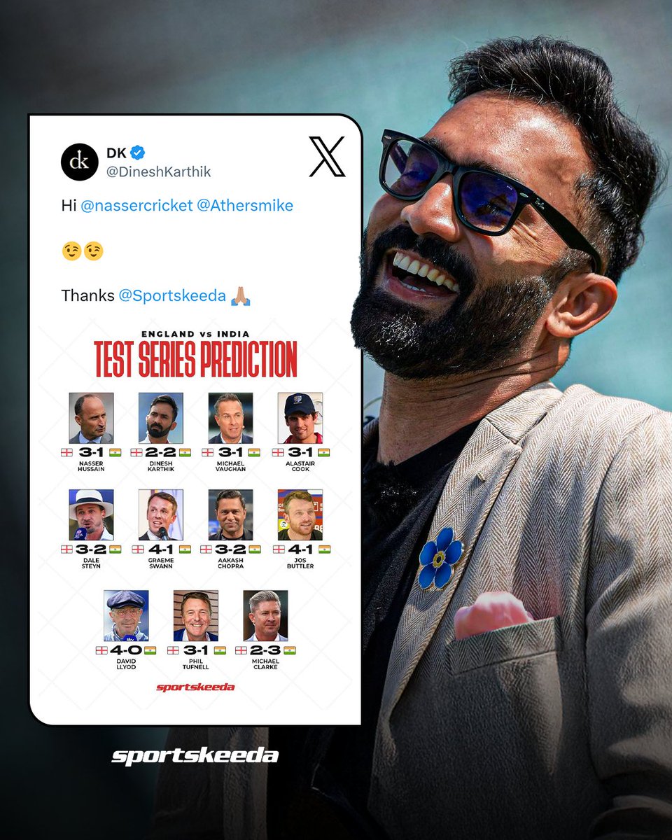 Sportskeeda's tweet image. Dinesh Karthik’s prediction was spot on! 🇮🇳🏴👌
He called the 2-2 result perfectly — with a nod to the prediction graph featured on Sportskeeda! ❤️
#DineshKarthik #ENGvIND #Tests #Sportskeeda