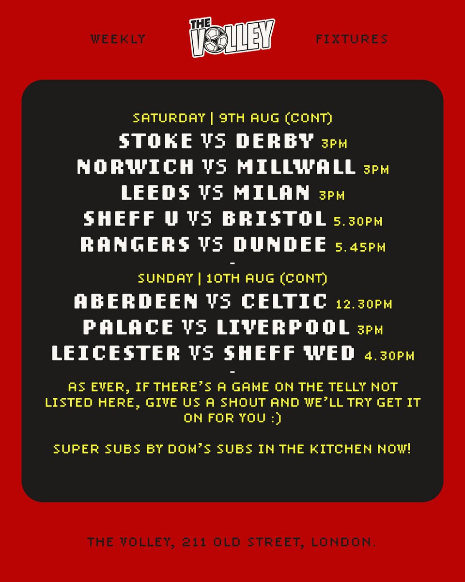 The Volley (@thevolleylondon) on Twitter photo Loads on this week - Dom's Subs now in the kitchen, Crocked mag launch on Weds, <a href="/Dag_RedFC/">Dagenham & Redbridge</a> kit launch Thurs, Championship's back, Charity Shield, a few decent friendlies, and plenty more. Loads on this week - Dom's Subs now in the kitchen, Crocked mag launch on Weds, <a href="/Dag_RedFC/">Dagenham & Redbridge</a> kit launch Thurs, Championship's back, Charity Shield, a few decent friendlies, and plenty more.