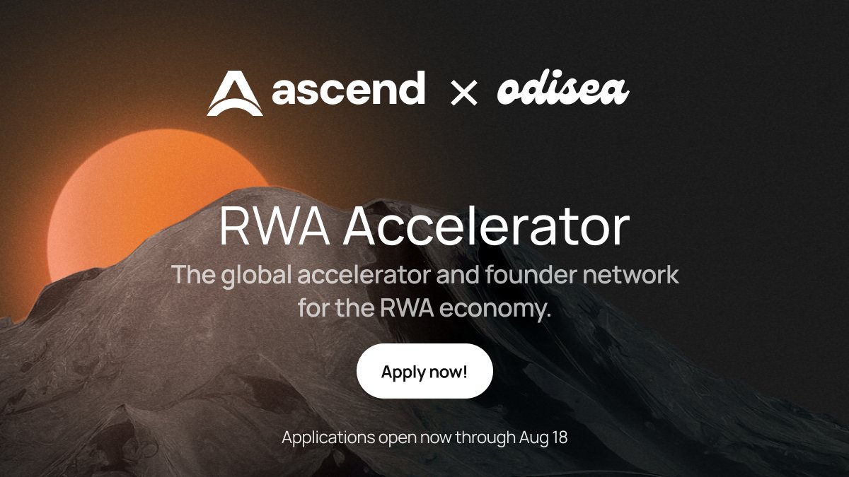 Odisea Labs (@odisealabs) on Twitter photo Today we're launching Ascend, the accelerator for early-stage teams building the future of RWAs.
Through Ascend, in partnership with <a href="/plumenetwork/">Plume - RWAfi Chain</a> <a href="/galaxyhq/">Galaxy</a> <a href="/centrifuge/">Centrifuge</a> <a href="/MorphoLabs/">Morpho 🦋</a> <a href="/RWA_xyz/">RWA.xyz</a> among many other leaders in the RWA ecosystem, we'll be backing founders building Today we're launching Ascend, the accelerator for early-stage teams building the future of RWAs.
Through Ascend, in partnership with <a href="/plumenetwork/">Plume - RWAfi Chain</a> <a href="/galaxyhq/">Galaxy</a> <a href="/centrifuge/">Centrifuge</a> <a href="/MorphoLabs/">Morpho 🦋</a> <a href="/RWA_xyz/">RWA.xyz</a> among many other leaders in the RWA ecosystem, we'll be backing founders building