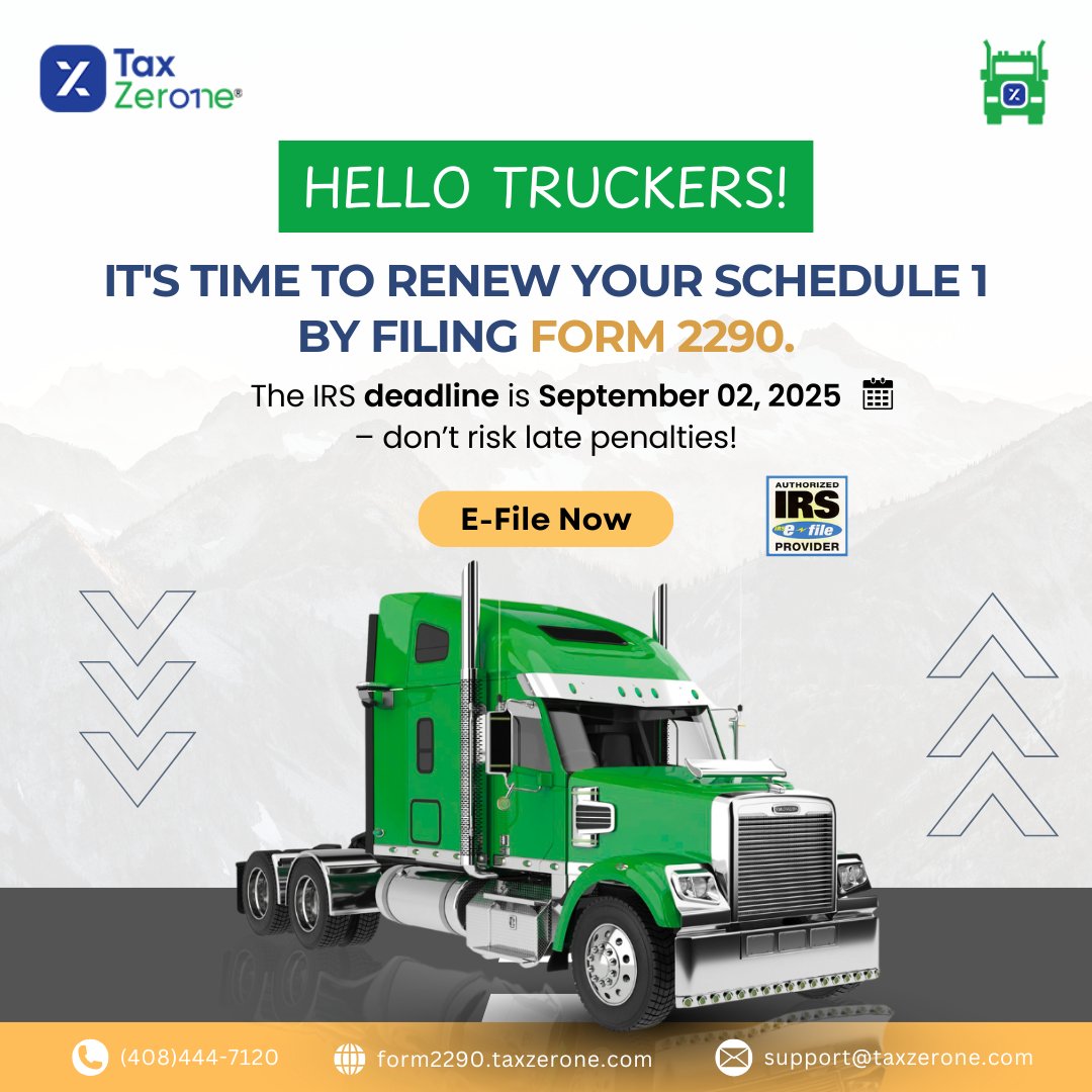 TaxZerone (@taxzeroneus) on Twitter photo 🚛Attention Truckers!
👉Renew your IRS-stamped Schedule 1 instantly with TaxZerone and hit the road with confidence!
🌐 Visit form2290.taxzerone.com today!
📞 (408) 444-7120
📧 support@taxzerone.com
#tax #IRS #Form2290 #TruckTax #IRS2290 #HVUT #2290Deadline #Efile2290 🚛Attention Truckers!
👉Renew your IRS-stamped Schedule 1 instantly with TaxZerone and hit the road with confidence!
🌐 Visit form2290.taxzerone.com today!
📞 (408) 444-7120
📧 support@taxzerone.com
#tax #IRS #Form2290 #TruckTax #IRS2290 #HVUT #2290Deadline #Efile2290