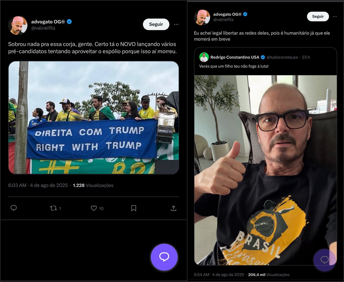 O mesmo perfil que diz que o NOVO está certo em tentar pegar o espólio da corja (bolsonarista), também prevê (deseja?) a m0rte de Constantino.

Tipo … ?