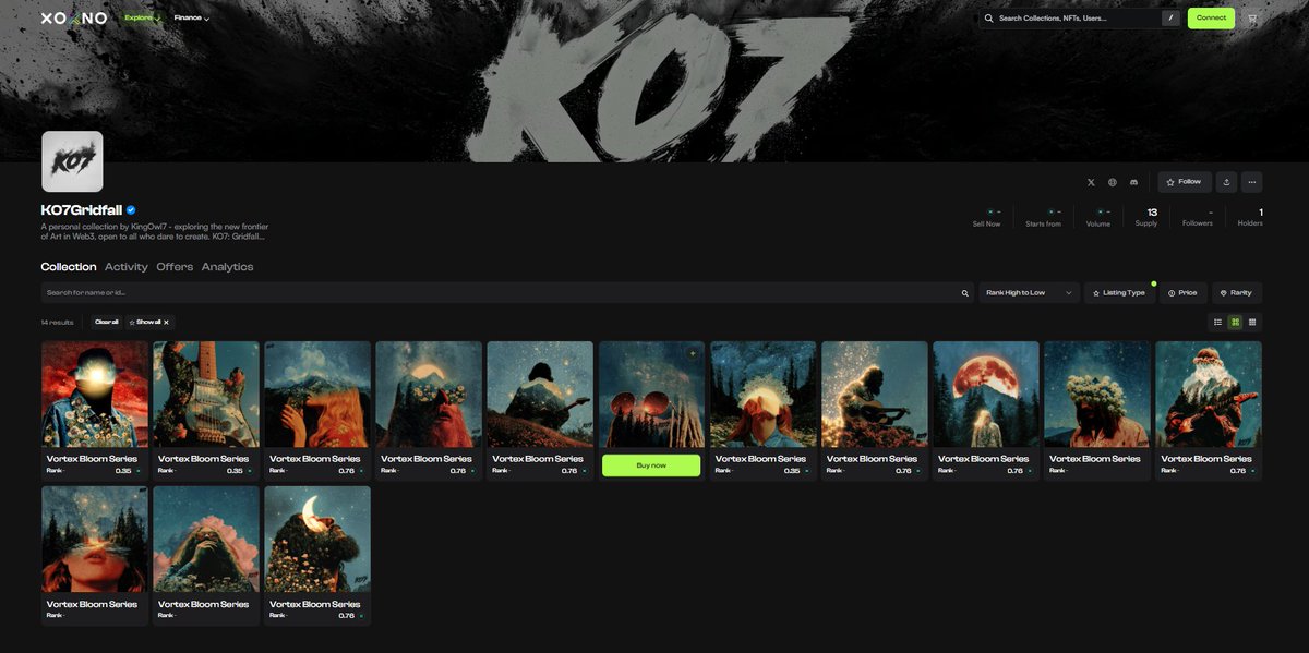 My first personal NFT artwork, KO7: Gridfall is now displayed on XOXNO.

I’m starting with The Vortex Bloom Series - 14 unique, one‑of‑a‑kind NFTs - in motion, so kindly pay attention to details.

Explore them via the link in the first comment and let me know your thoughts - your