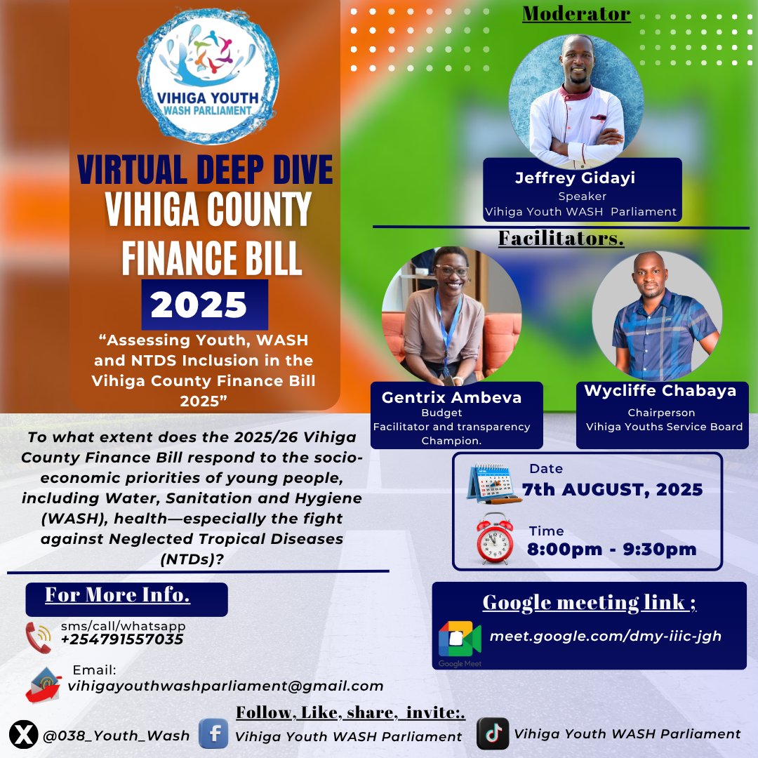 Jeffrey Gidayi (@jeffreygidayi) on Twitter photo It's our budget, our resources, our future.
We must make it work for us.
Join us this Thursday 7th August 2025 from 8:00pm EAT as we Unpack the Vihiga County finance Bill 2025.
Yours faithful;
Moderator
Speaker <a href="/038_Youth_Wash/">VIHIGA YOUTH WASH PARLIAMENT</a> It's our budget, our resources, our future.
We must make it work for us.
Join us this Thursday 7th August 2025 from 8:00pm EAT as we Unpack the Vihiga County finance Bill 2025.
Yours faithful;
Moderator
Speaker <a href="/038_Youth_Wash/">VIHIGA YOUTH WASH PARLIAMENT</a>