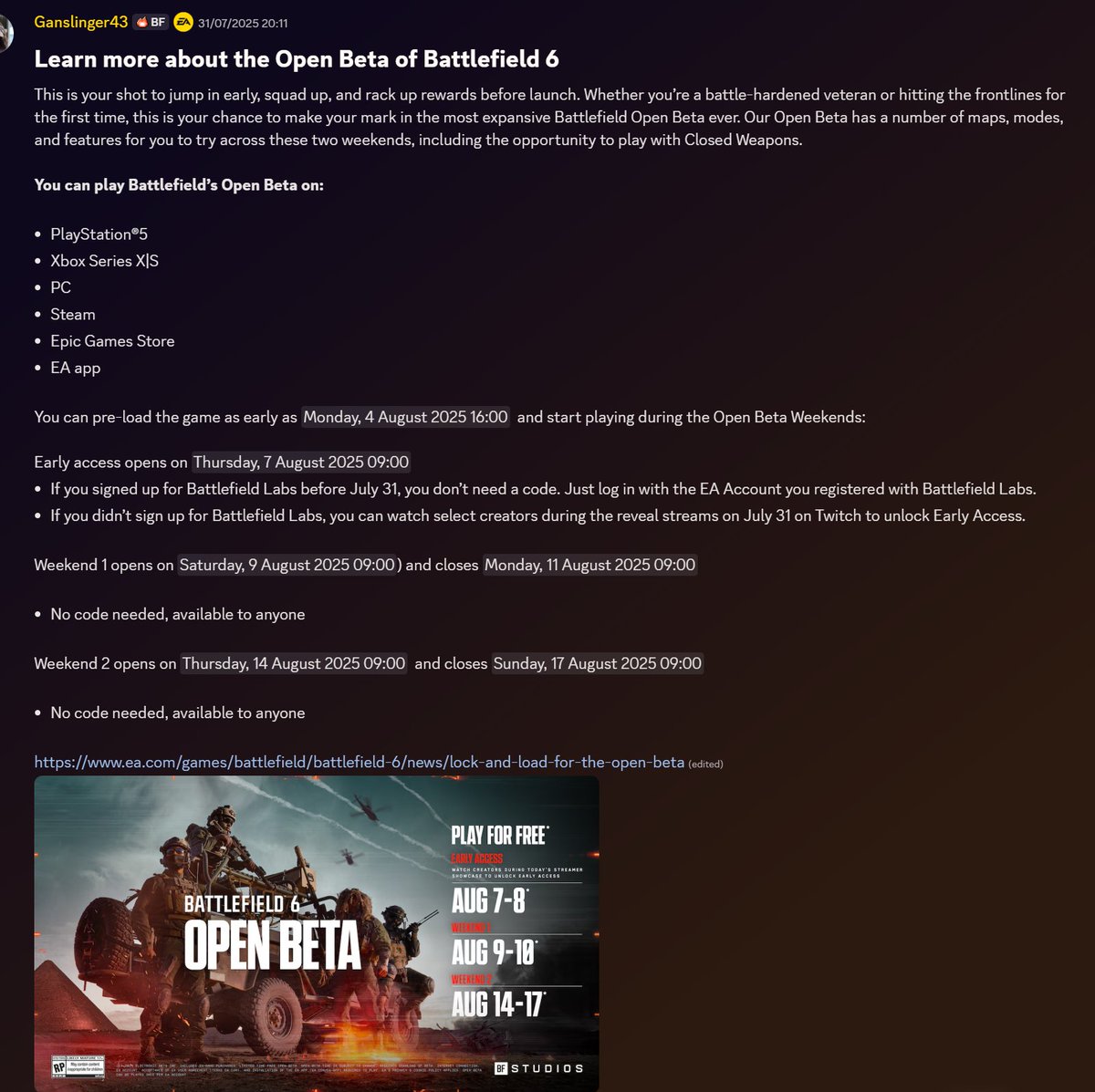 PSA:
Open beta will be available to pre-load today from 16:00BST 🔥

#Battlefield6 #Battlefield