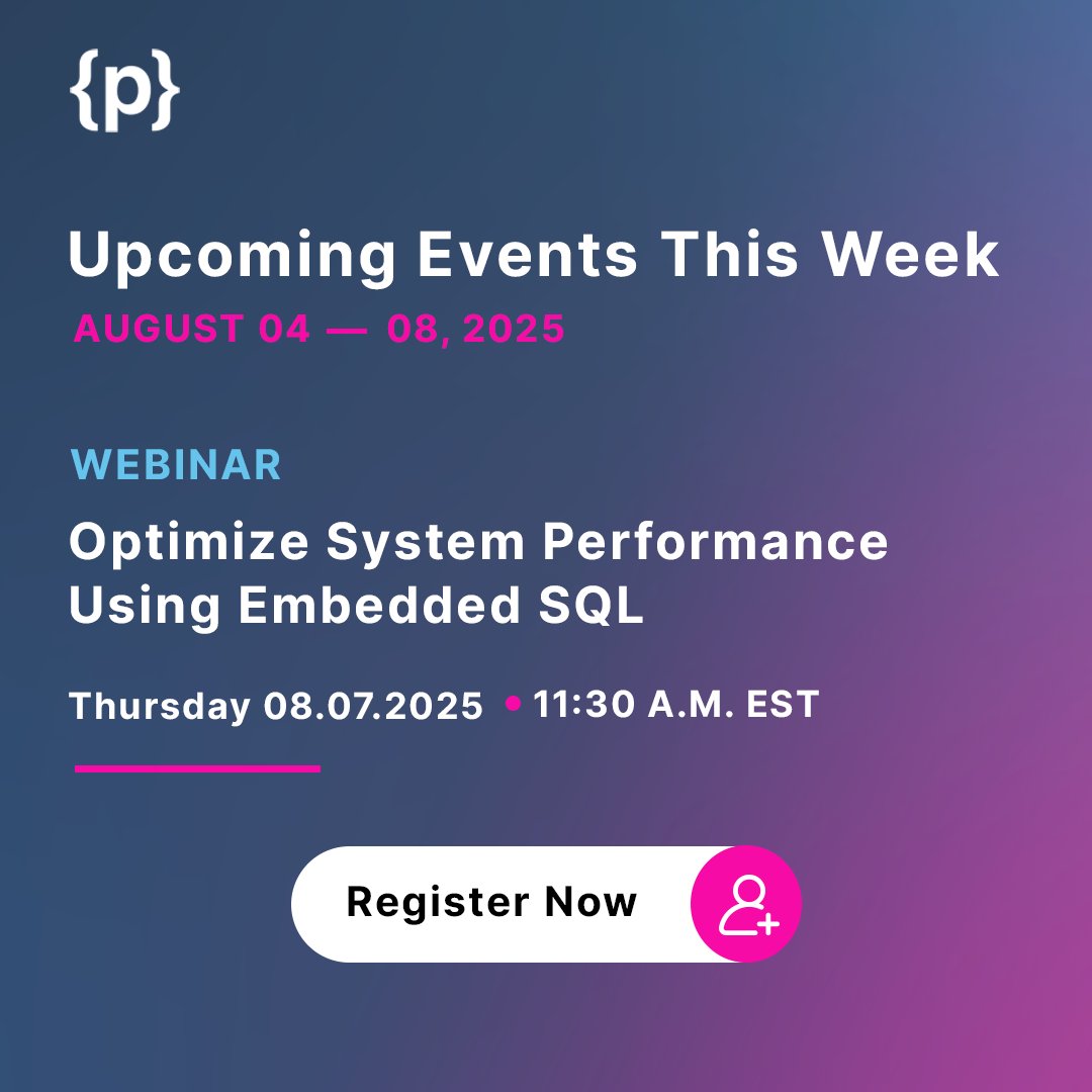 programmersio's tweet image. Check out what is going on at Programmers.io this week. Get more information on these events at programmers.io/events/.
#TechEvents #ProgrammersIO #ThisWeekinIT #IBMi #EmbeddedSQL #ModernizeIBMi #SQLFunctions #SYSTables #LatestITEvents #UpcominginIT #UpcomingITEvents