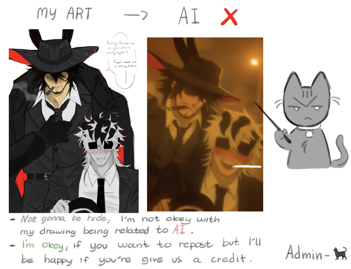 double_fedora's tweet image. We don’t want to tweet this,but just to set things straight about our art:

✅ Okay to
– Repost (with credit)
– Do small edits
– Use non-commercially

❌ Please don’t
– Trace or draw over
– Use for AI stuff
– Claim as your own
– Use commercially

please respect. Thanks -🦮🐈‍⬛