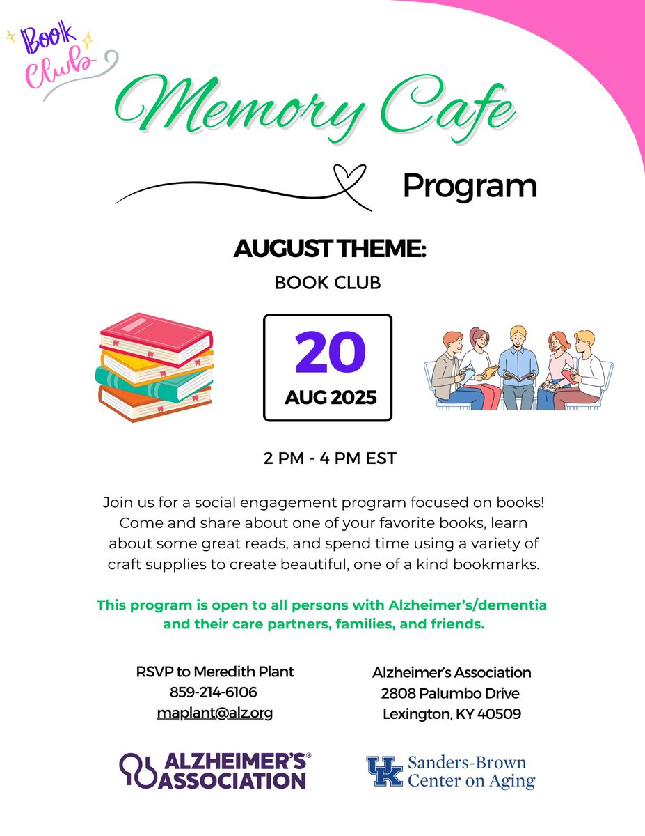 UK Sanders-Brown Center on Aging (@uksbcoa) on Twitter photo Calling all bookworms! The next Memory Cafe is all about books! Bring your favorite book to share! <a href="/UKYMedicine/">University of Kentucky College of Medicine</a> <a href="/AgeFriendlyLex/">AgeFriendlyLexington</a> <a href="/BGAAAIL/">Bluegrass AAAIL</a> <a href="/AlzKYIN/">AlzKYIN</a> <a href="/LexKySocialServ/">LexKy Social Services</a> Calling all bookworms! The next Memory Cafe is all about books! Bring your favorite book to share! <a href="/UKYMedicine/">University of Kentucky College of Medicine</a> <a href="/AgeFriendlyLex/">AgeFriendlyLexington</a> <a href="/BGAAAIL/">Bluegrass AAAIL</a> <a href="/AlzKYIN/">AlzKYIN</a> <a href="/LexKySocialServ/">LexKy Social Services</a>