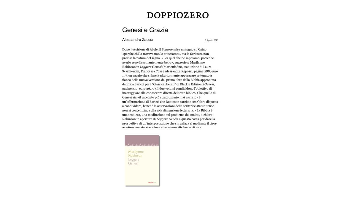 Marietti1820 (@mariettieditore) on Twitter photo 📰 Su Doppiozero, <a href="/AlessZaccuri/">Alessandro Zaccuri</a> scrive di "Leggere Genesi" di Marilynne Robinson: un volume affascinante che va oltre la letteratura e rilegge la Bibbia come una profonda riflessione sul male e le sue conseguenze.
📖 mariettieditore.it/libro/97888211… 📰 Su Doppiozero, <a href="/AlessZaccuri/">Alessandro Zaccuri</a> scrive di "Leggere Genesi" di Marilynne Robinson: un volume affascinante che va oltre la letteratura e rilegge la Bibbia come una profonda riflessione sul male e le sue conseguenze.
📖 mariettieditore.it/libro/97888211…